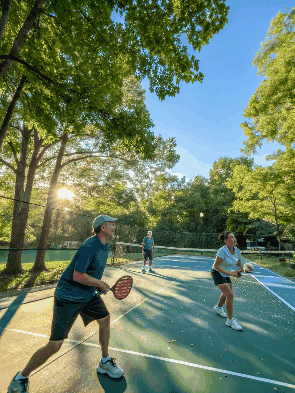 Residents playing pickleball on community courts