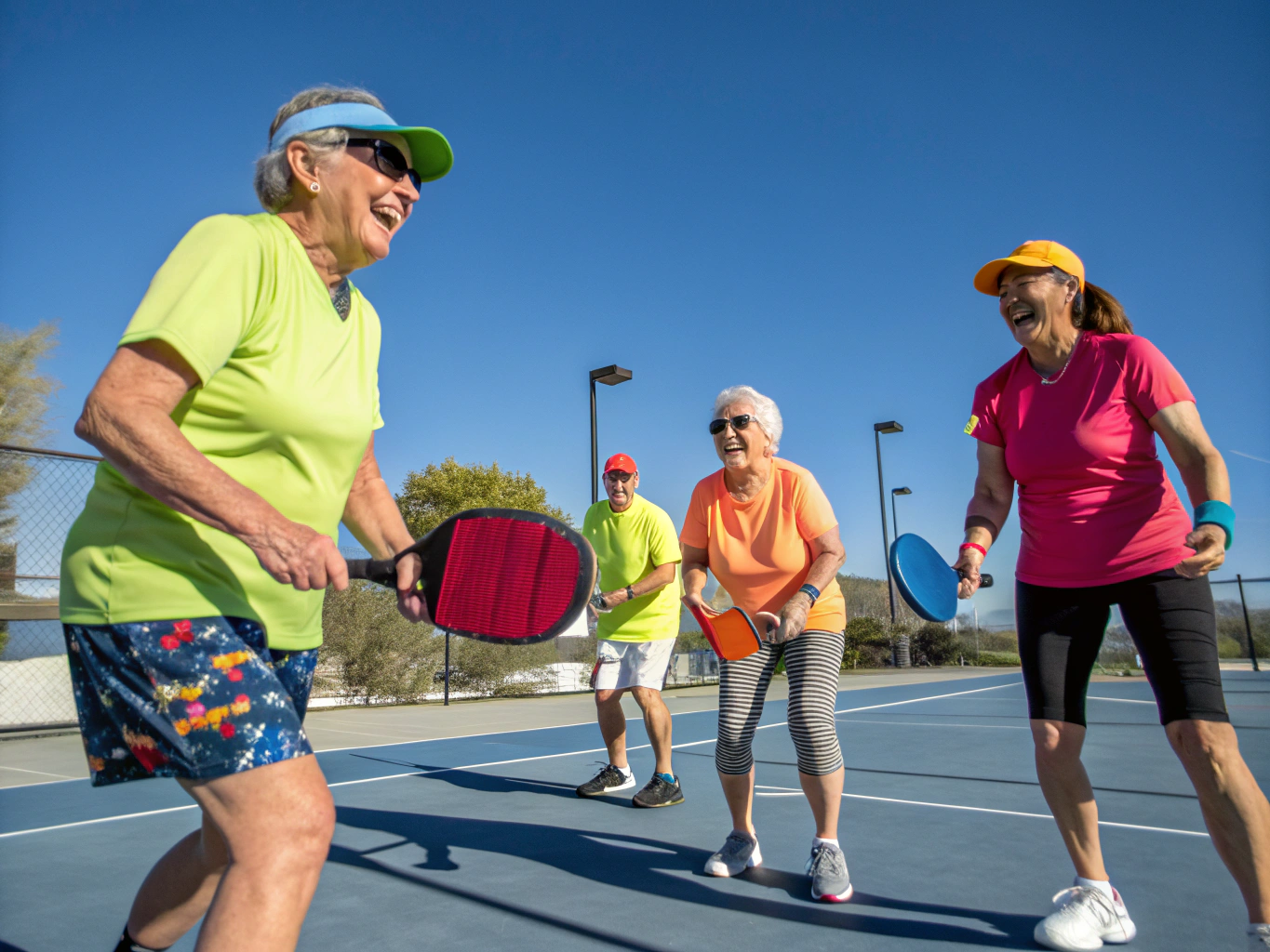 Friends playing pickleball in the afternoon sun