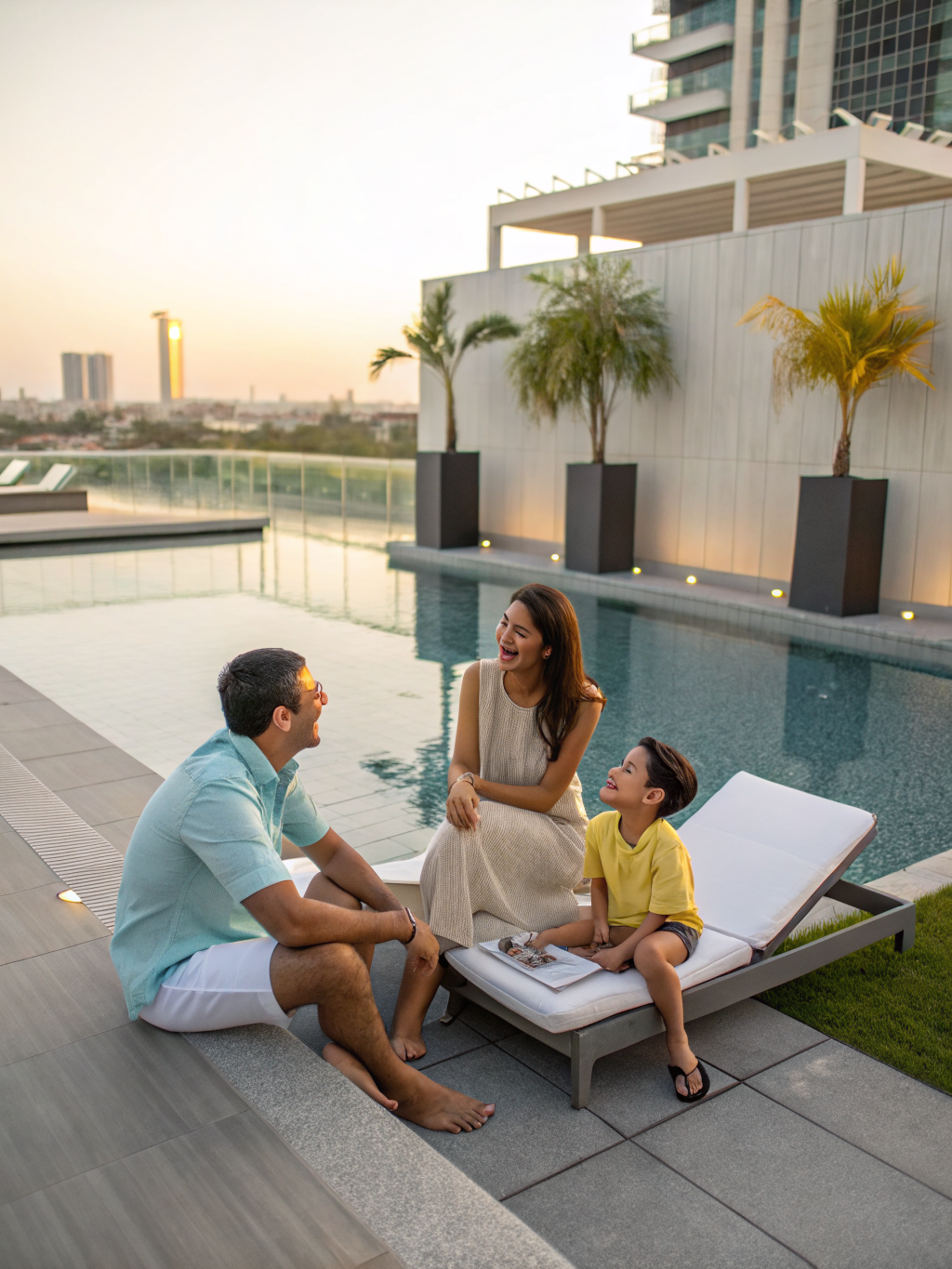 Resort-style pool reflecting golden hour light